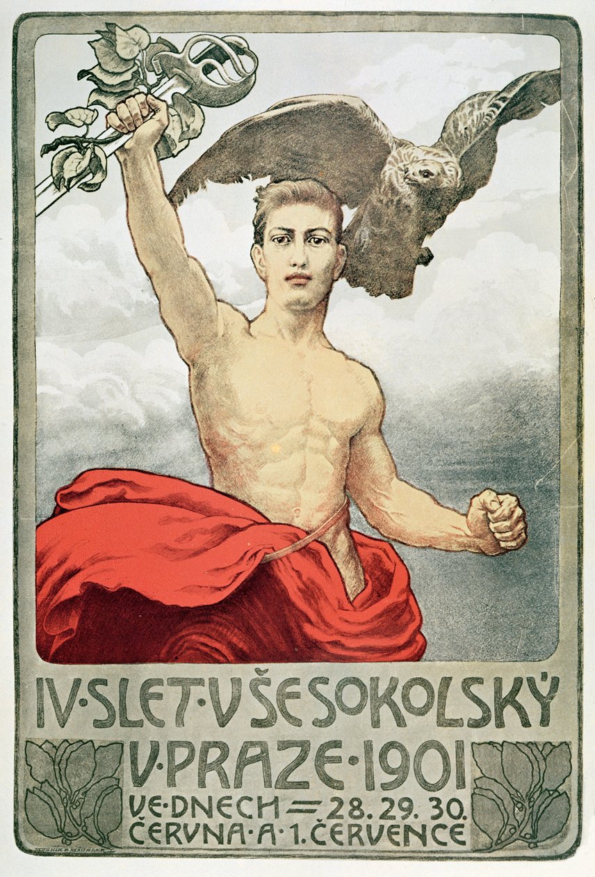 Plakat reklamujący IV Zjazd Sokolów w Pradze w 1901 r. autorstwa Czech School