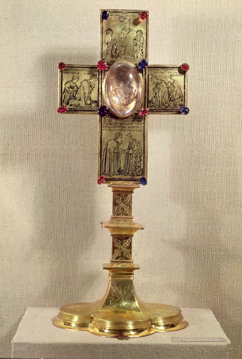 Krzyż relikwiarzowy papieża Urbana V (1310-70) 1368-78 (złoto, kryształ i kamienie szlachetne) autorstwa Czech School