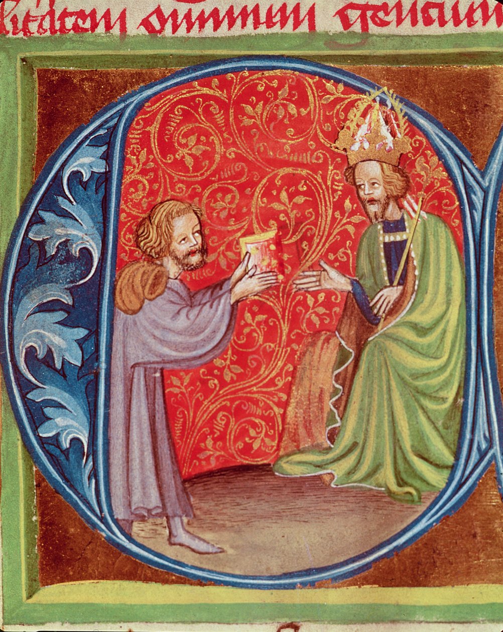 Autor ofiarowujący swoją książkę Karolowi IV (1316-1378) z Czech, z Opus Ruralium Commodorum Pietro de Crescenzi (1230-1321) autorstwa Czech School
