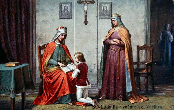 Wychowanie św. Wacława przez jego babcię Ludmiłę, pocztówka z początku XX w. (kolor lito) autorstwa Czech School