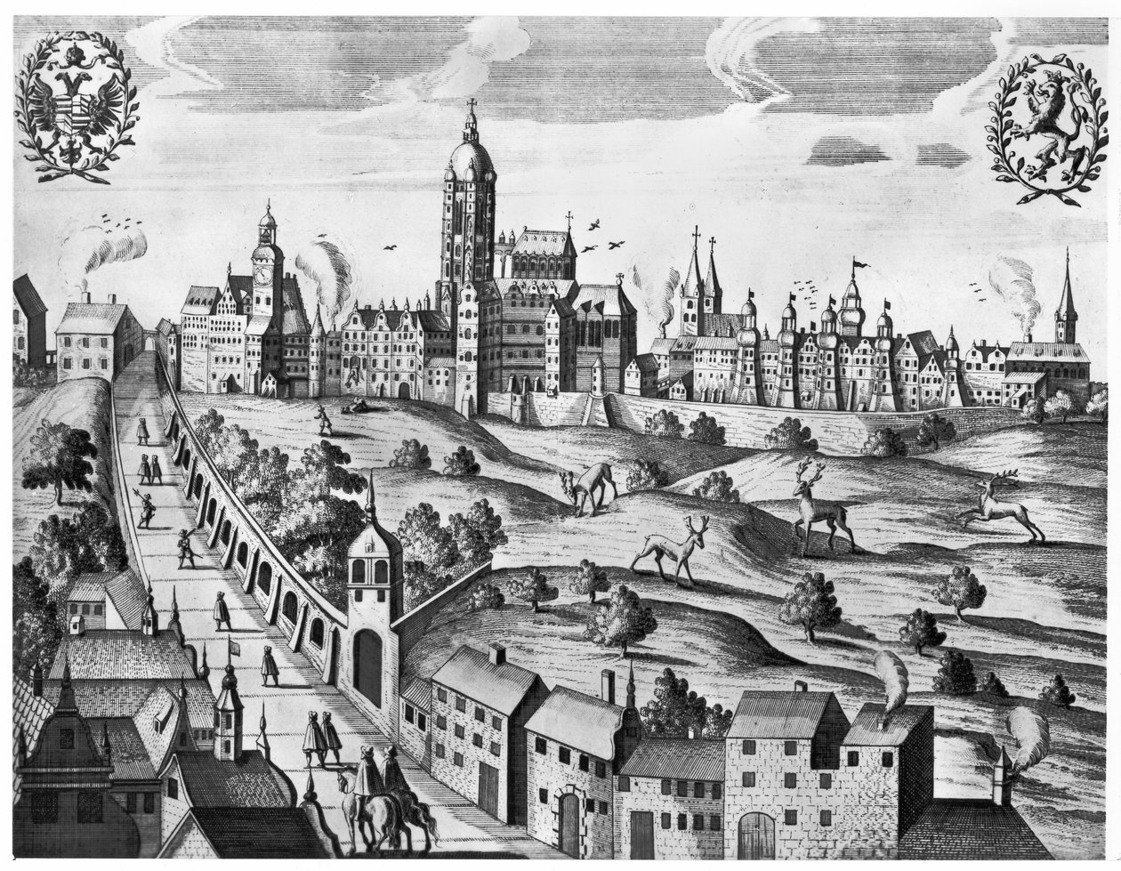 Widok Pragi ukazujący Pałac Cesarski i Kolegium Teologiczne, ok. 1618 r. autorstwa Czech School