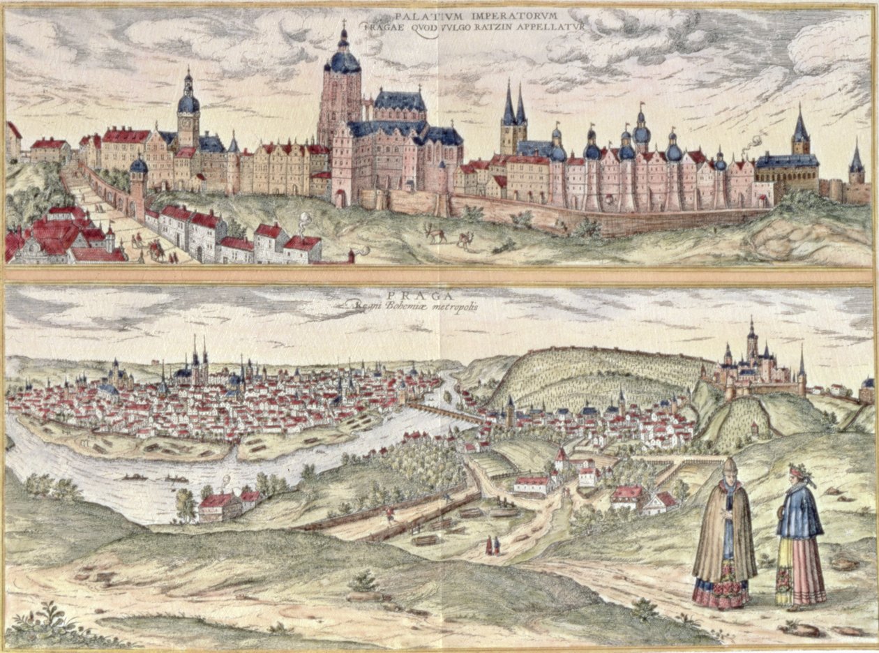Widok Pragi ukazujący (na górze) Pałac Cesarski (Hradschin) oraz (na dole) Wełtawę oddzielającą starą i nowoczesną część miasta (rycina) autorstwa Czech School