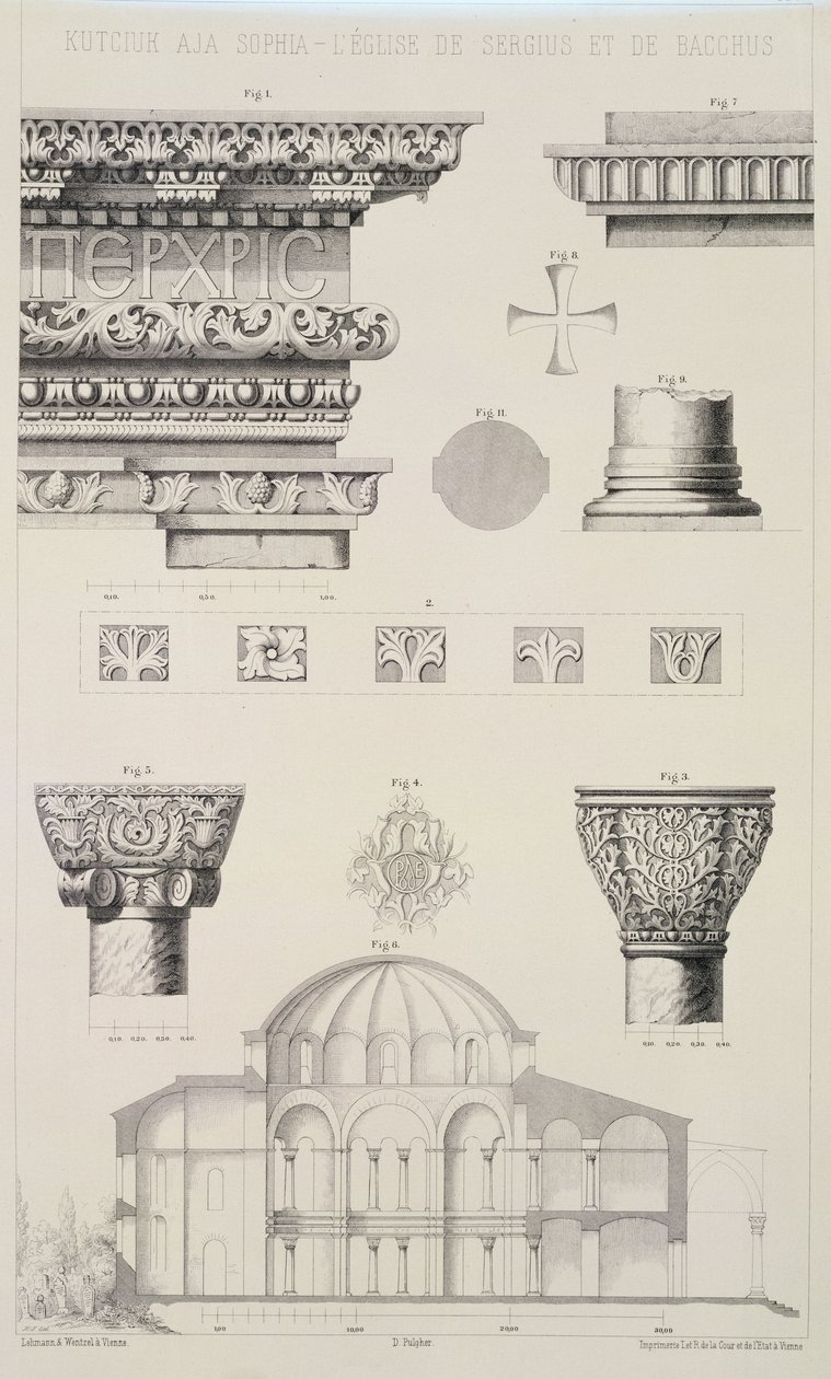 Przekrój i detale architektoniczne Kutciuka Aja Sophia, kościół Sergiusza i Bachusa, z „Architektury kościelnej Konstantynopola”, wyd. Lehmann i Wentzel z Wiednia, ok. 1870-80 autorstwa D. Pulgher