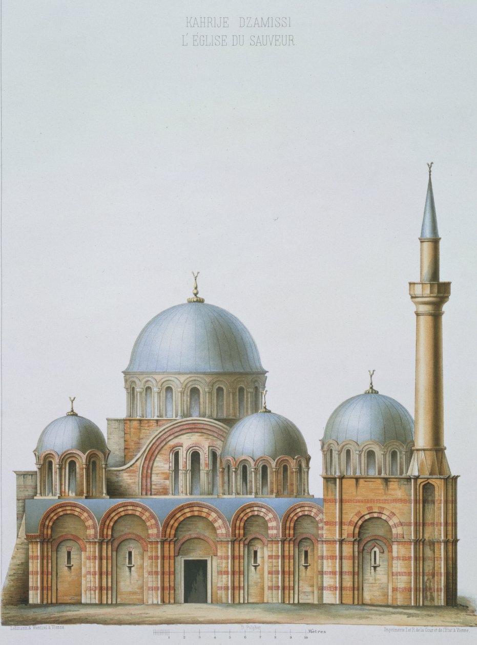 Fasada Kahrije Dzamissi, kościół Zbawiciela, z „Architektury kościelnej Konstantynopola”, wyd. Lehmanna i Wentzla z Wiednia, ok. 1870-80 autorstwa D. Pulgher