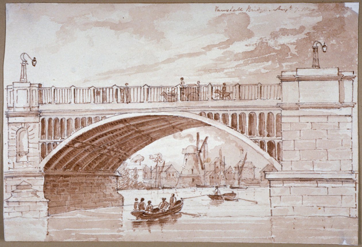 Widok małej łodzi przepływającej pod Vauxhall Bridge, Londyn, 1820. autorstwa DHC