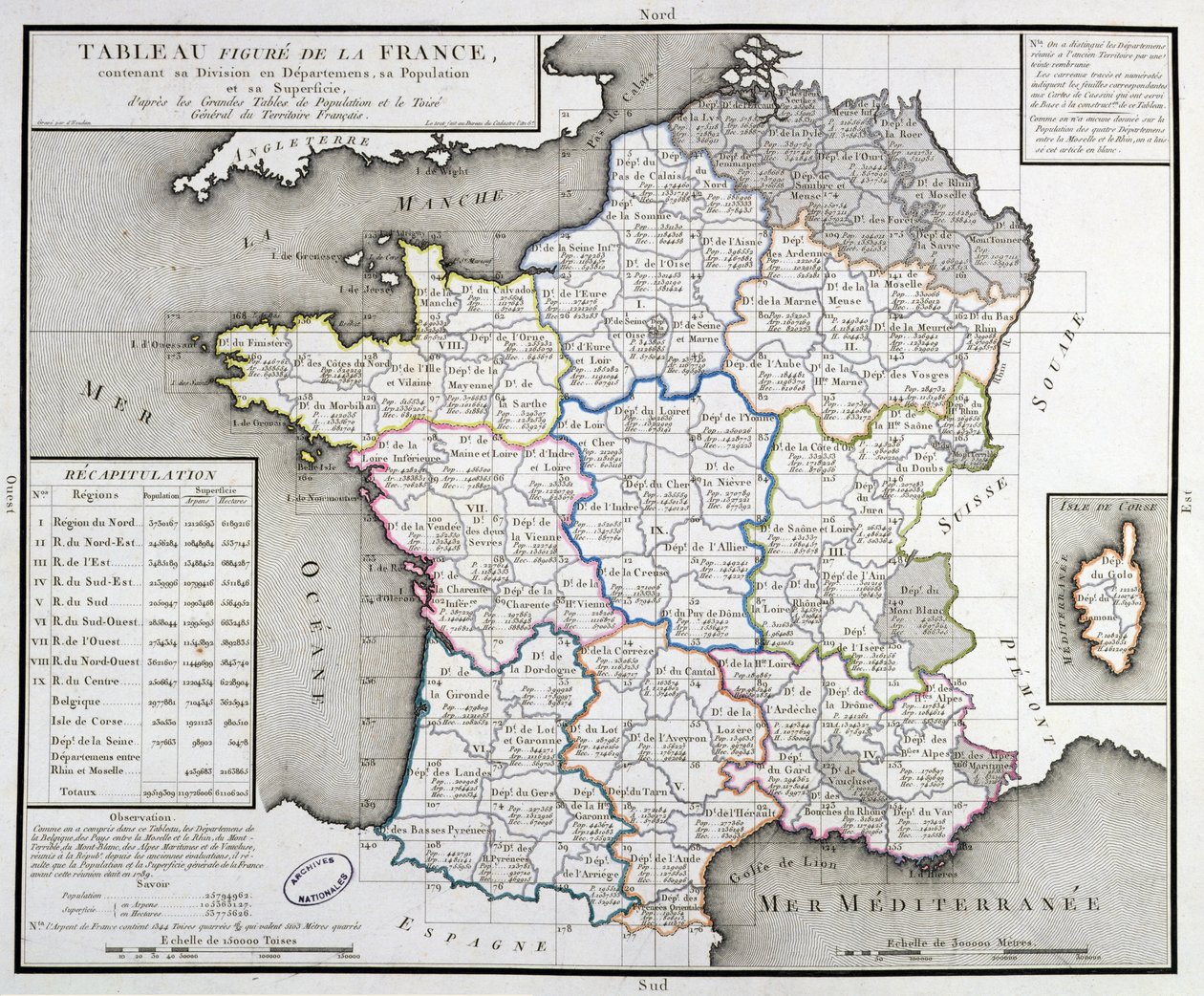 Mapa Francji przedstawiająca podziały departamentalne, 1798 r. autorstwa DHoudan