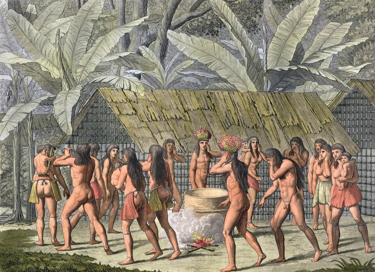 Święto tańca Indian Camacani, Brazylia, z „Le Costume Ancien et Moderne”, tom I, płyta 46, Jules Ferrario, wydana ok. 1820-30 (rycina kolorowa) (patrz także 177057) autorstwa D.K. Bonatti