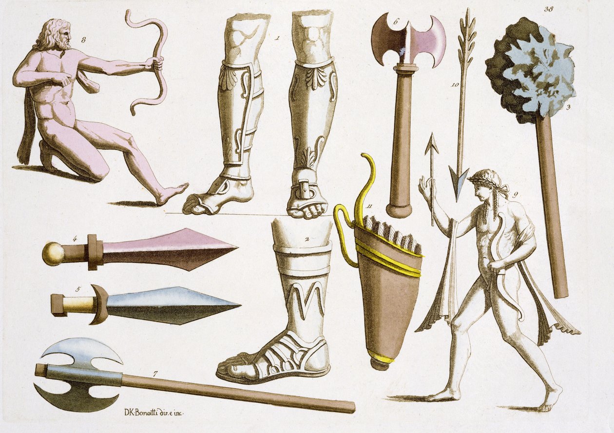 Greccy żołnierze, broń i zbroja, płyta 38 z „Le Costume Ancien et Moderne” Julesa Ferrario, wydana ok. 1820-30 autorstwa D.K. Bonatti