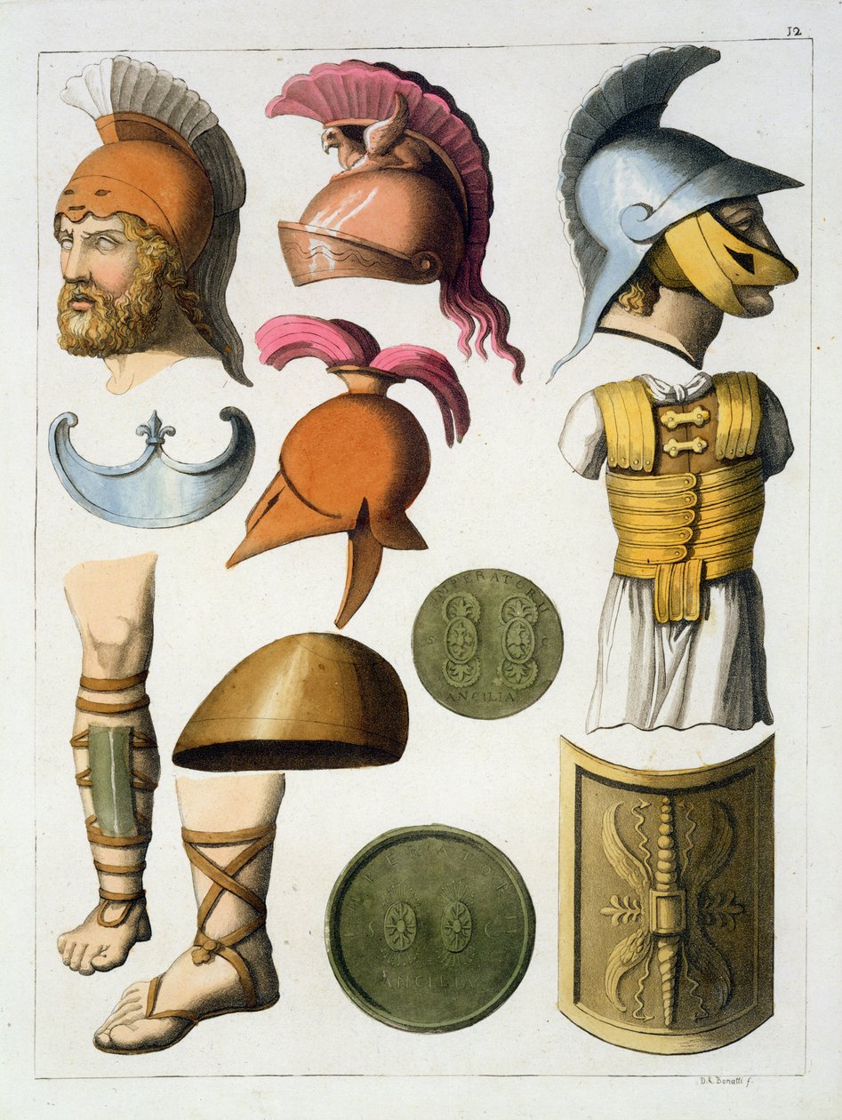Rzymski sprzęt wojskowy, z "Le Costume Ancien et Moderne" Jules Ferrario, opublikowane około 1820s-30s autorstwa D.K. Bonatti