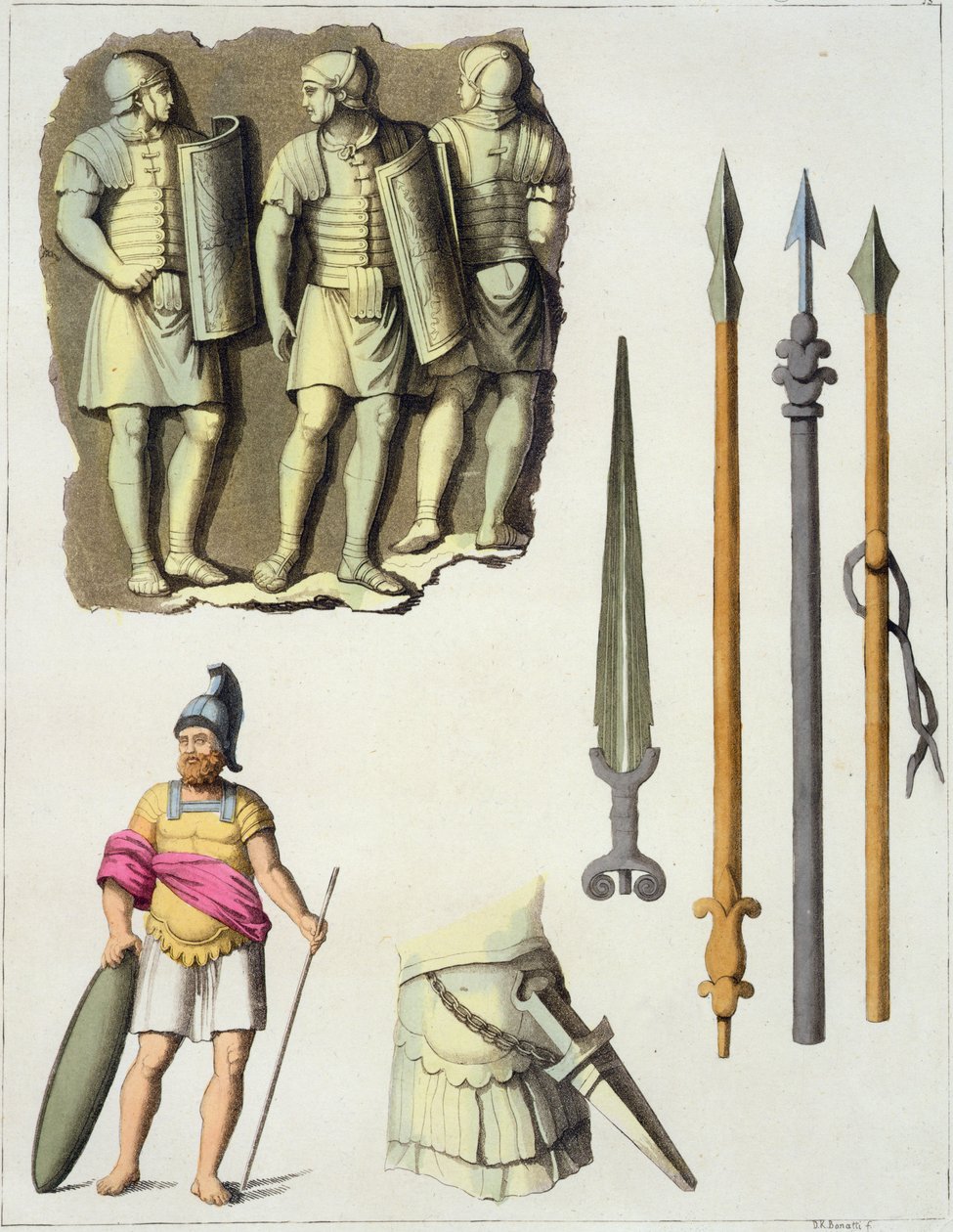 Mundur i broń legionistów rzymskich, z „Le Costume Ancien et Moderne” Julesa Ferrario, wydane ok. 1820-30 autorstwa D.K. Bonatti