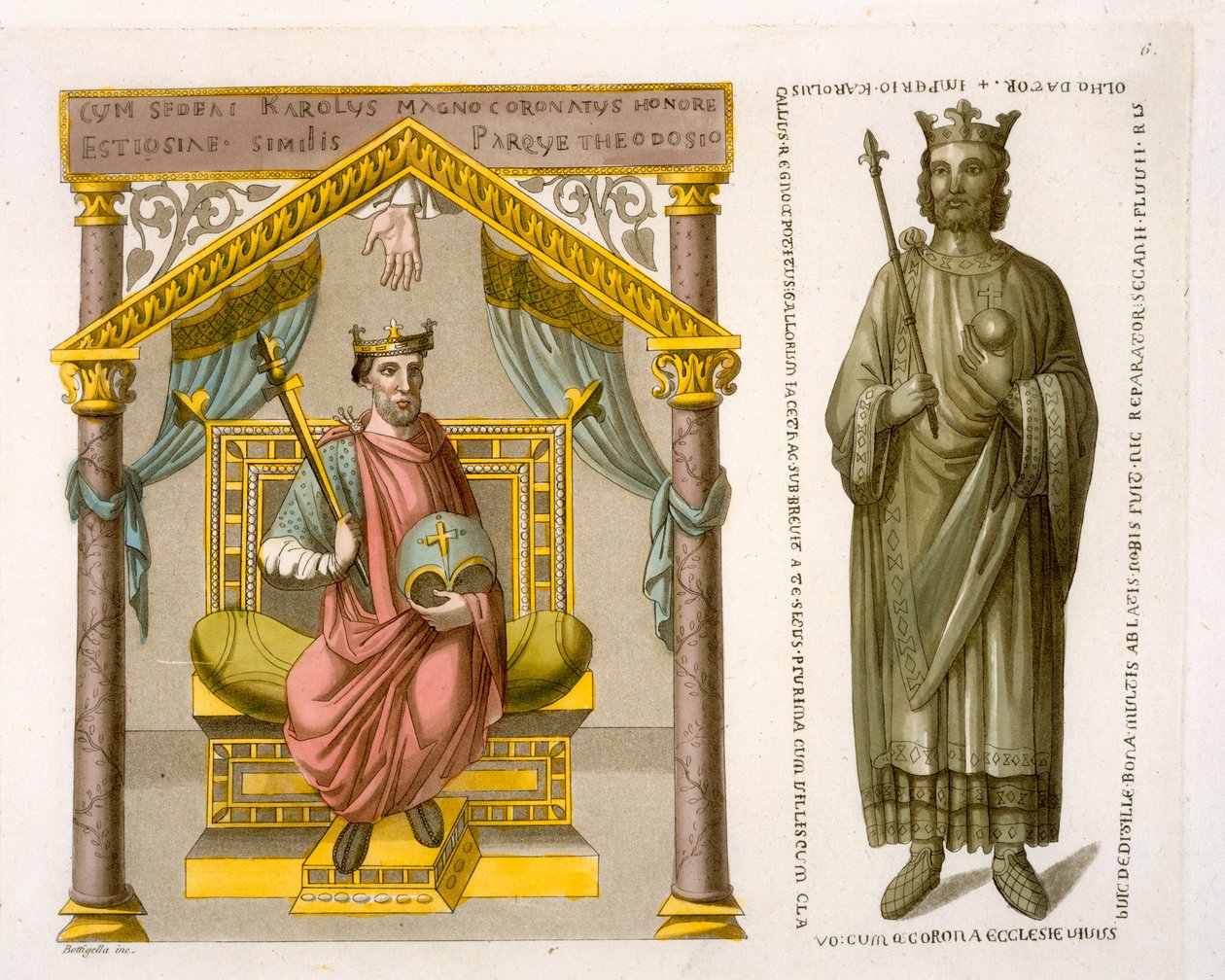 HRE Karol II (Łysy) na tronie, według rękopisu w Bibliotece Colberg, płyta 6 z „Le Costume Ancien et Moderne” Julesa Ferrario, wyd. 1820-30s autorstwa D.K. Bonatti