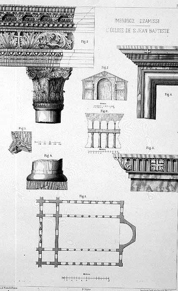 Plan i detale architektoniczne Imbrohor Dzamissi, kościoła św. Jana Chrzciciela, z „Architektury kościelnej Konstantynopola”, wyd. Lehmanna i Wentzela z Wiednia, ok. 1870-80 (lito) autorstwa D. (after) Pulgher