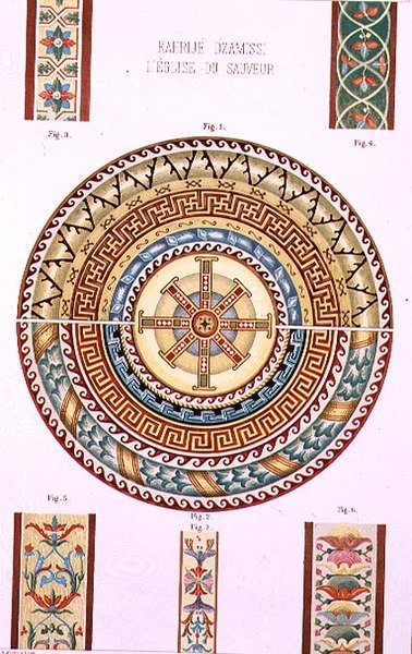 Mozaika rozeta z Kahrije Dzamissi, kościół Zbawiciela, z „Architektura kościelna Konstantynopola”, wyd. Lehmanna i Wentzela z Wiednia, ok. 1870-80 (lito) autorstwa D. (after) Pulgher