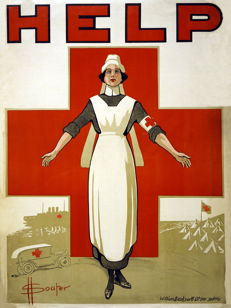Plakat kampanii pomocy Australijskiego Czerwonego Krzyża, wyd. 1914-18 autorstwa D. H. Souter