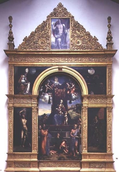 Dziewica z Dzieciątkiem na tronie ze świętymi (olej) autorstwa D. and Garofalo Dossi