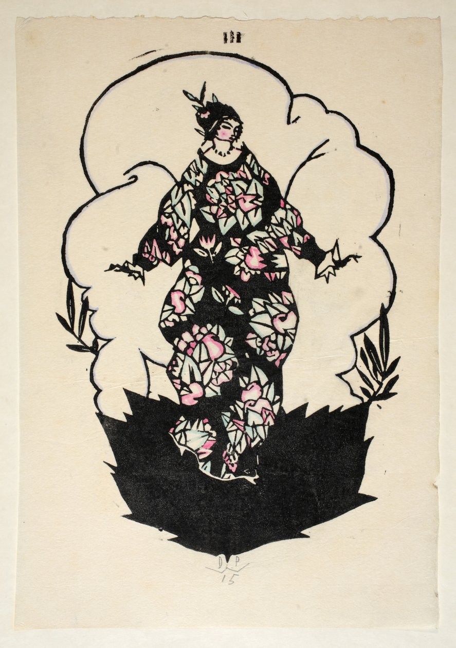 Design for a Dress, Plate 3, Book 3, ilustracja z „Wiener Werkstatte Mode 191415”, wyd. Eduard Kosmack, Wiedeń, 1914-1915 (ręcznie barwiony linoryt) autorstwa Dagobert Peche
