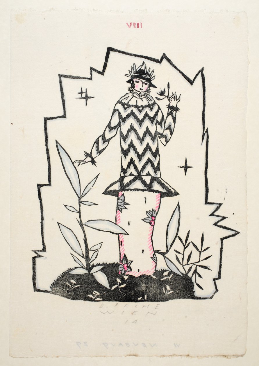 Projekt sukienki dziennej, 1914, plansza 8, księga 1, ilustracja z "Wiener Werkstatte Mode 191415", wyd. Eduard Kosmack, Wiedeń, 1914-1915. autorstwa Dagobert Peche