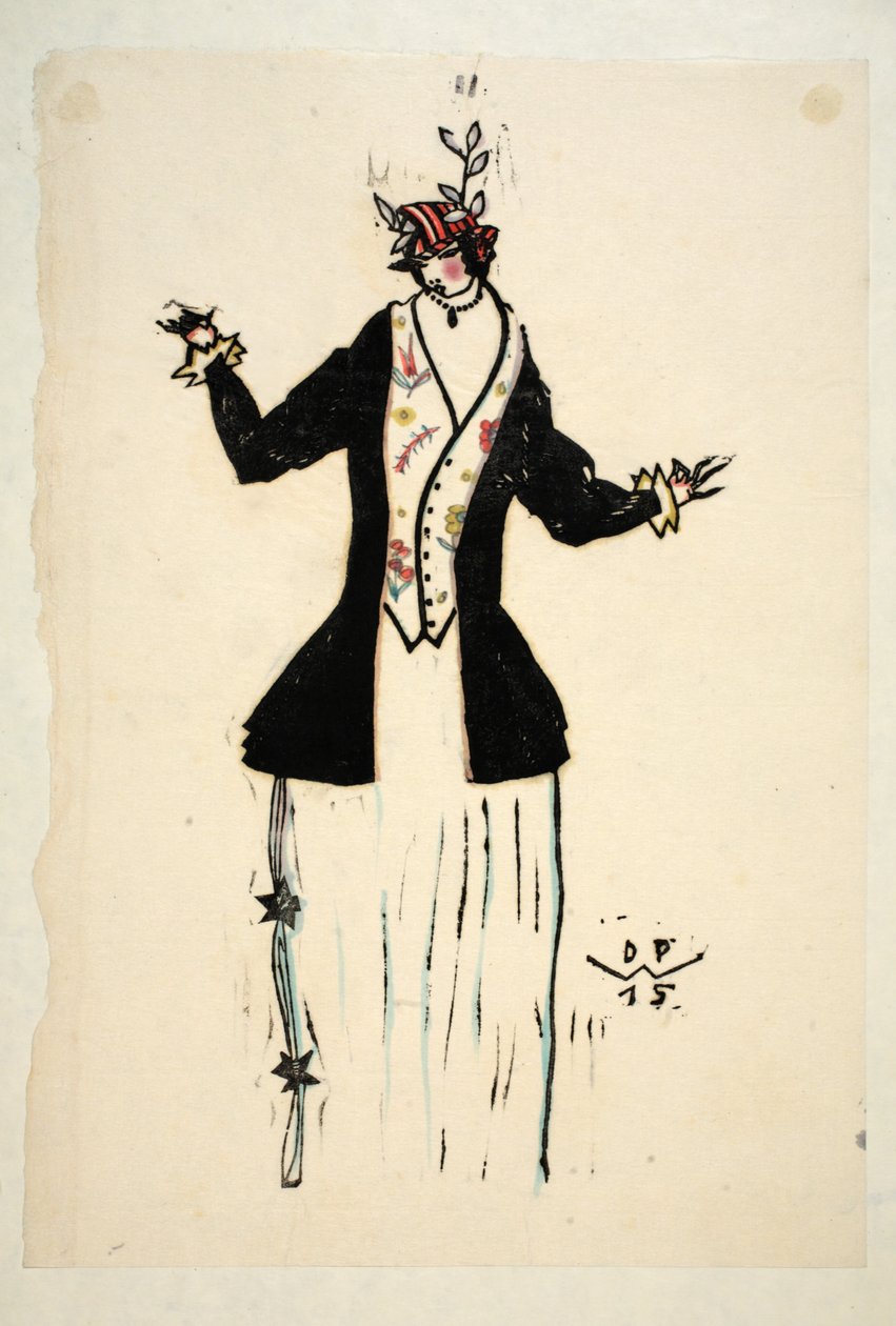 Projekt kurtki i kamizelki, płyta 2, księga 4, ilustracja z „Wiener Werkstatte Mode 191415”, wyd. Eduard Kosmack, Wiedeń, 1914-1915 (linoryt ręcznie kolorowany) autorstwa Dagobert Peche