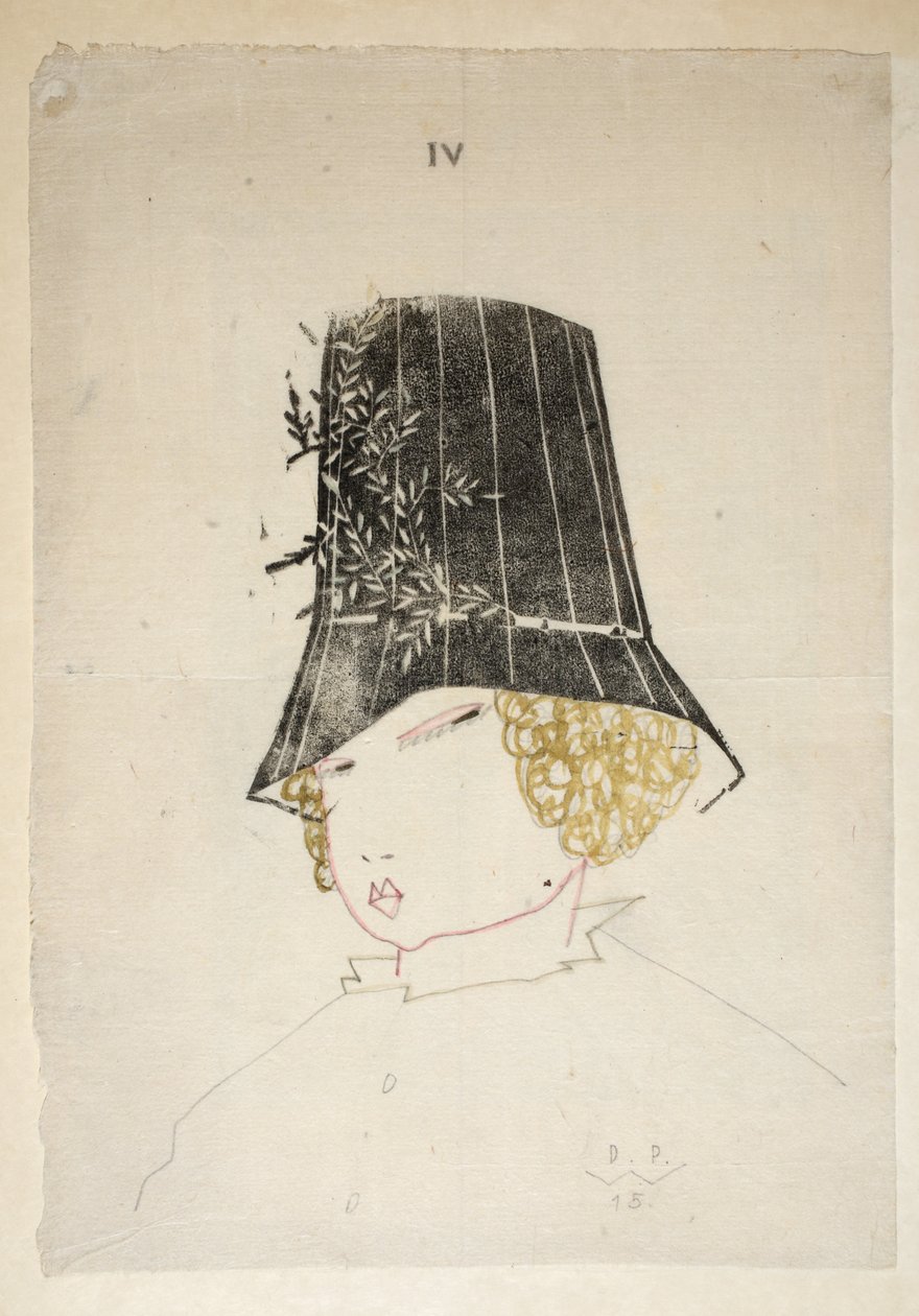 Design for a Hat, plansza 4, ilustracja z "Wiener Werkstatte Mode 191415", wyd. Eduard Kosmack, Wiedeń, 1914-1915 (linoryt ręcznie kolorowany) autorstwa Dagobert Peche