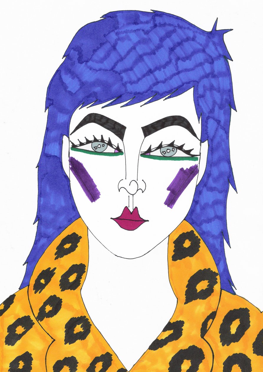 Niebieskie włosy, 2018 (flamaster na papierze) autorstwa Daisy de Villeneuve
