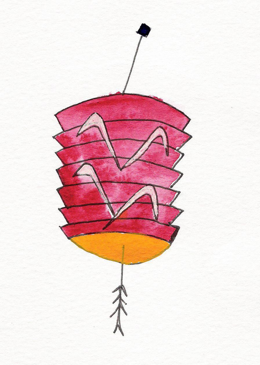 Chiński lampion, 2107 (czerwony, żółty, biały i czarny tusz indyjski na papierze) autorstwa Daisy de Villeneuve