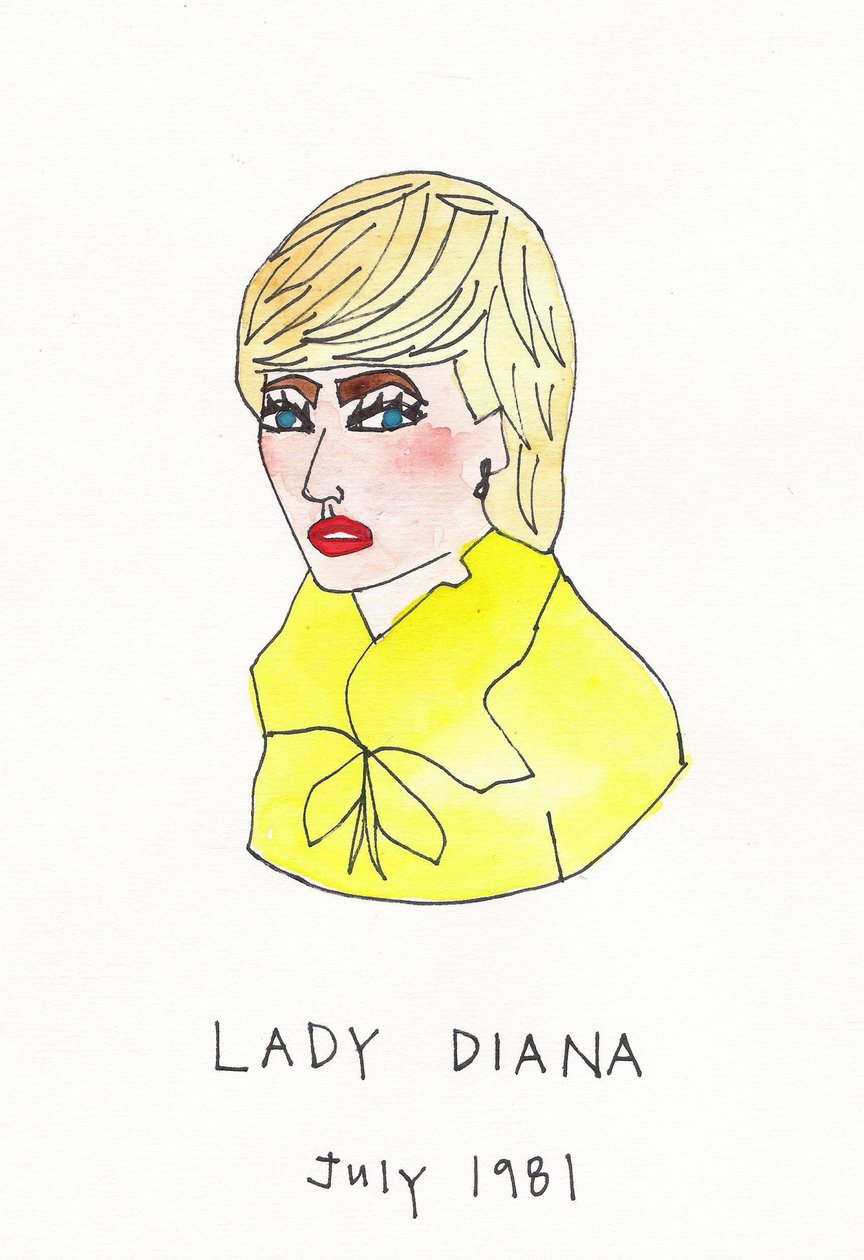 Lady Diana, 2017 (żółty, czerwony, niebieski i brązowy tusz indyjski z flamastrem na papierze) autorstwa Daisy de Villeneuve