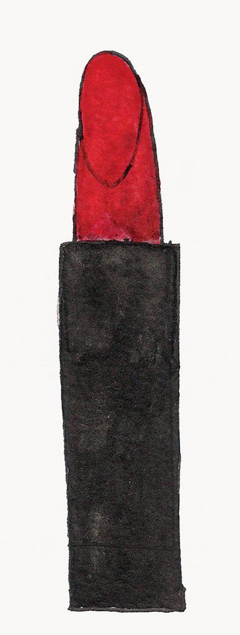 Red Lipstick, 2017 (czerwony i czarny tusz indyjski ze złotym flamastrem na papierze) autorstwa Daisy de Villeneuve