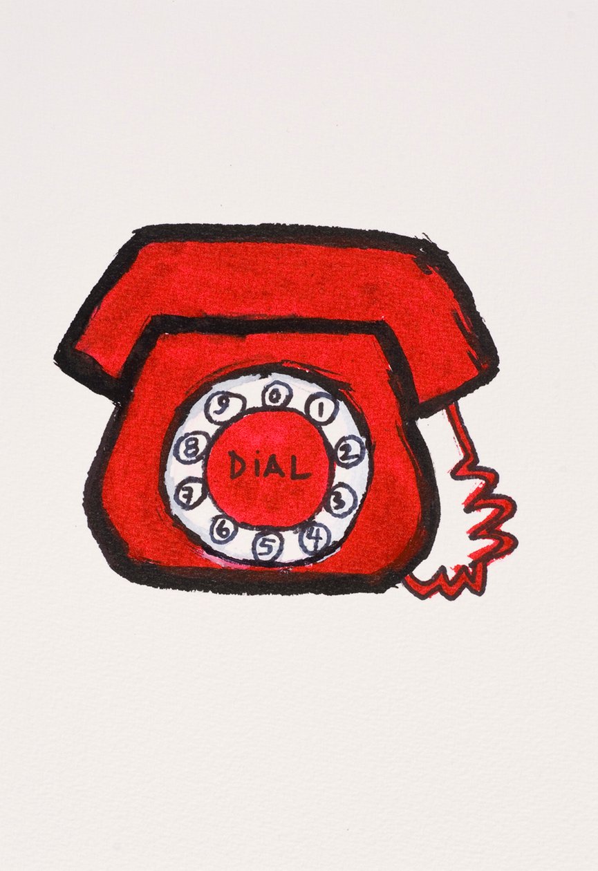 Czerwony telefon, 2017 (czerwony tusz indyjski z flamastrem na papierze) autorstwa Daisy de Villeneuve