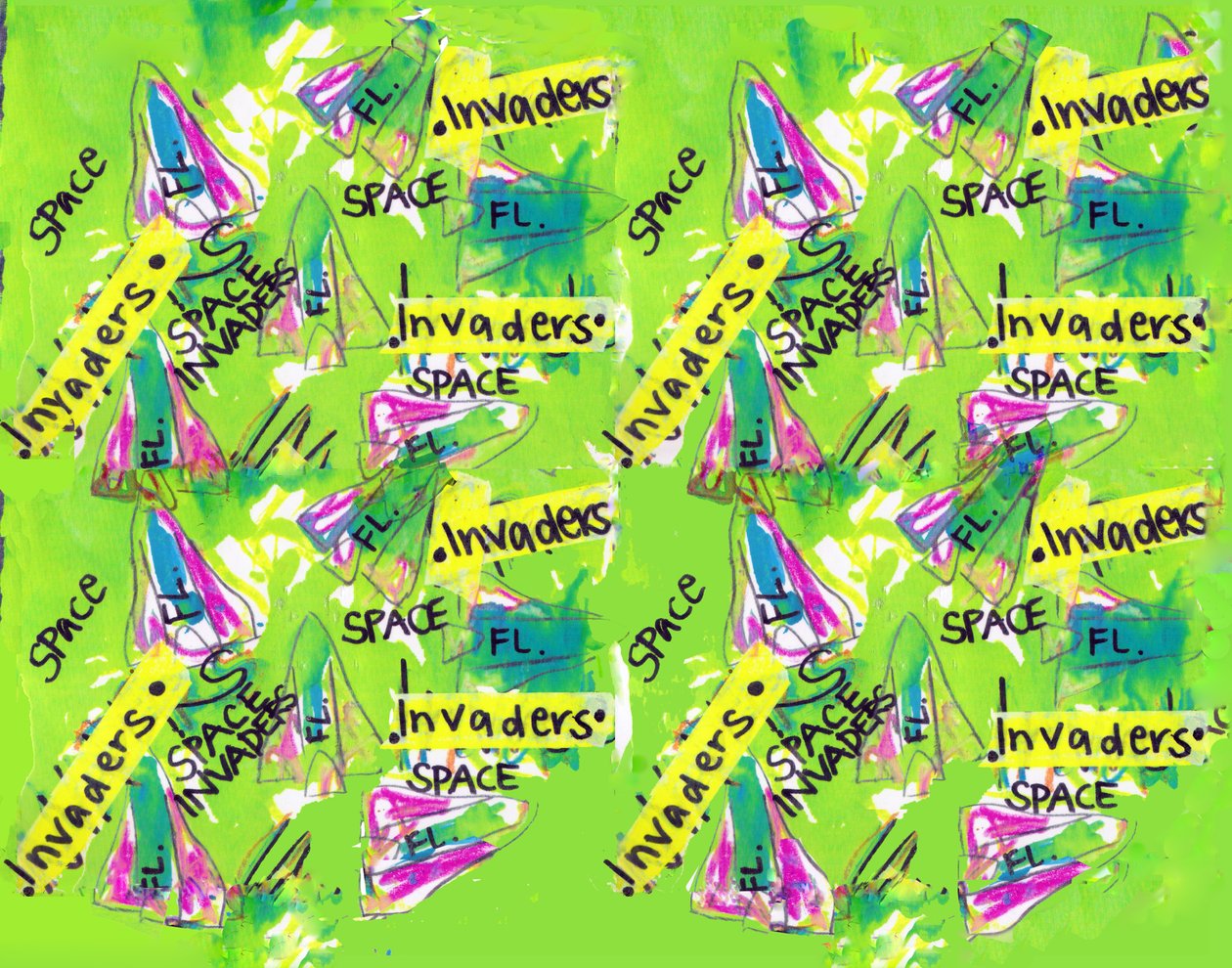Space Invaders (akwarela, taśma, długopis, Photoshop) autorstwa Daisy de Villeneuve
