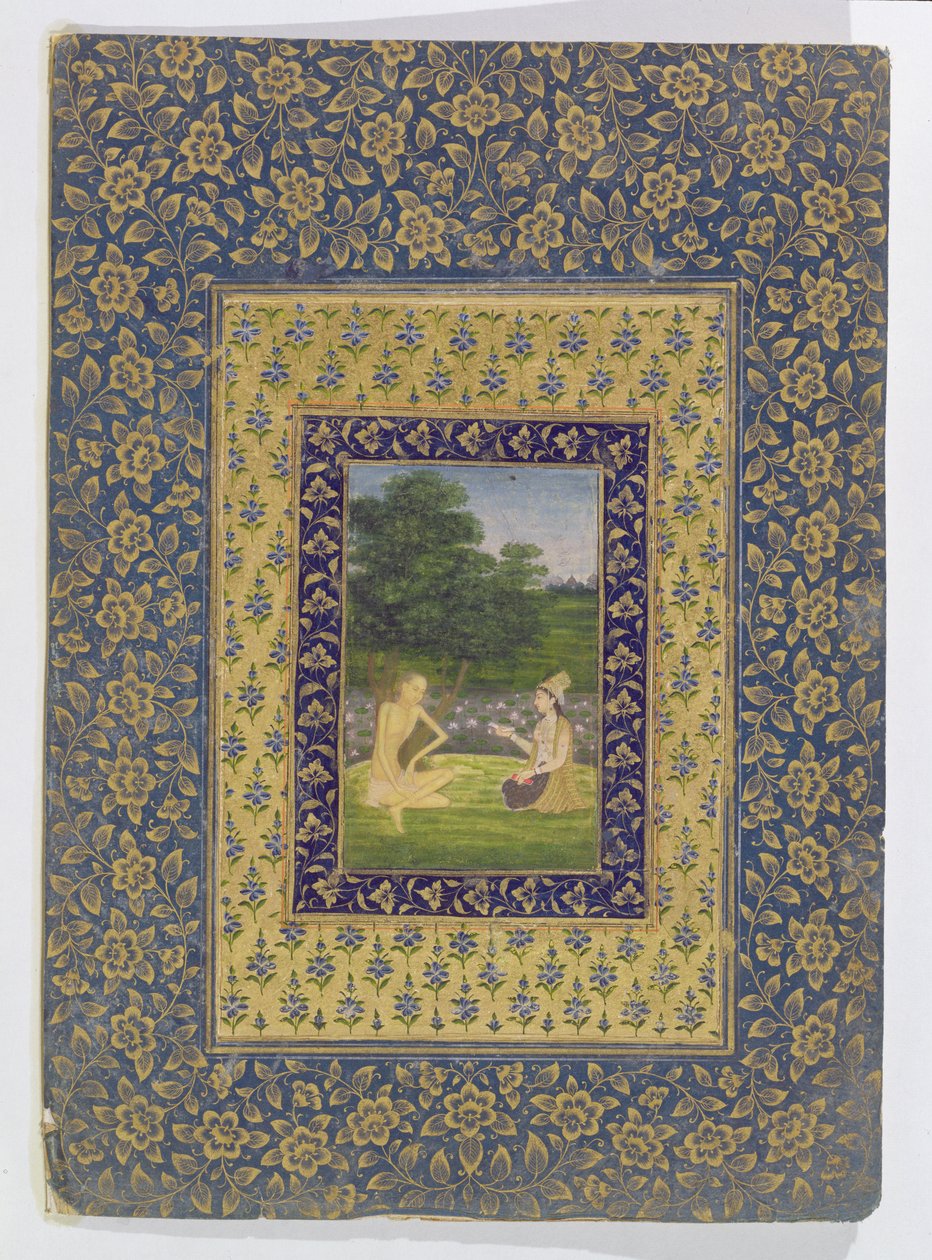 Layla Reading do Majnun, która siedzi pod drzewem przy basenie lotosu, Delhi, ok. 1720-40 autorstwa Dal Chand