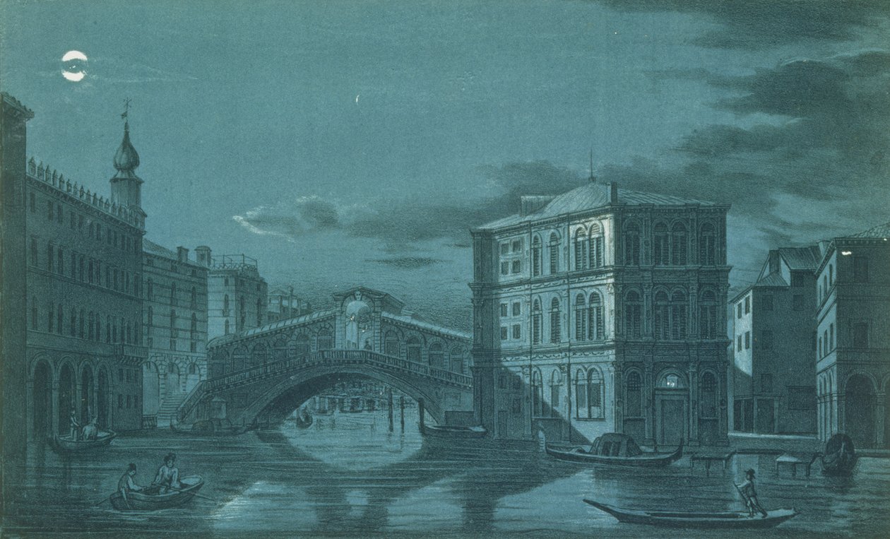 Scena nocna z Ponte di Rialto, Wenecja, sztychowana przez Brizeghela autorstwa Dalda