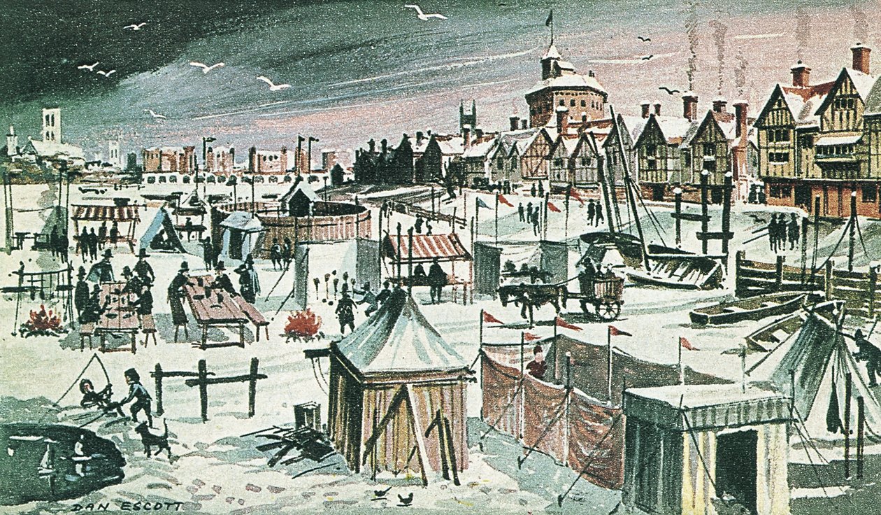 Mroźny jarmark nad Tamizą (kolorowa litografia) autorstwa Dan Escott