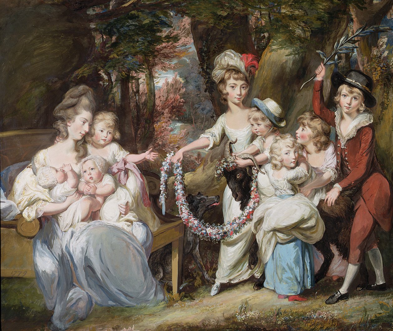Pani Justynian Casamajor i Ośmioro jej dzieci, 1779 (gwasz, pastel i olej na papierze układanym na płótnie) autorstwa Daniel Gardner