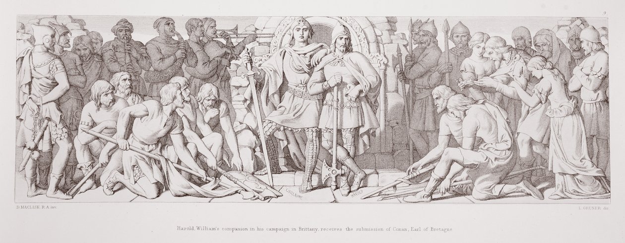 Harold, towarzysz Wilhelma w jego kampanii w Bretanii, przyjmuje poddanie Conana, hrabiego Bretanii, z "Historii podboju normańskiego", rycina L. Gruner, 1866 r. autorstwa Daniel Maclise
