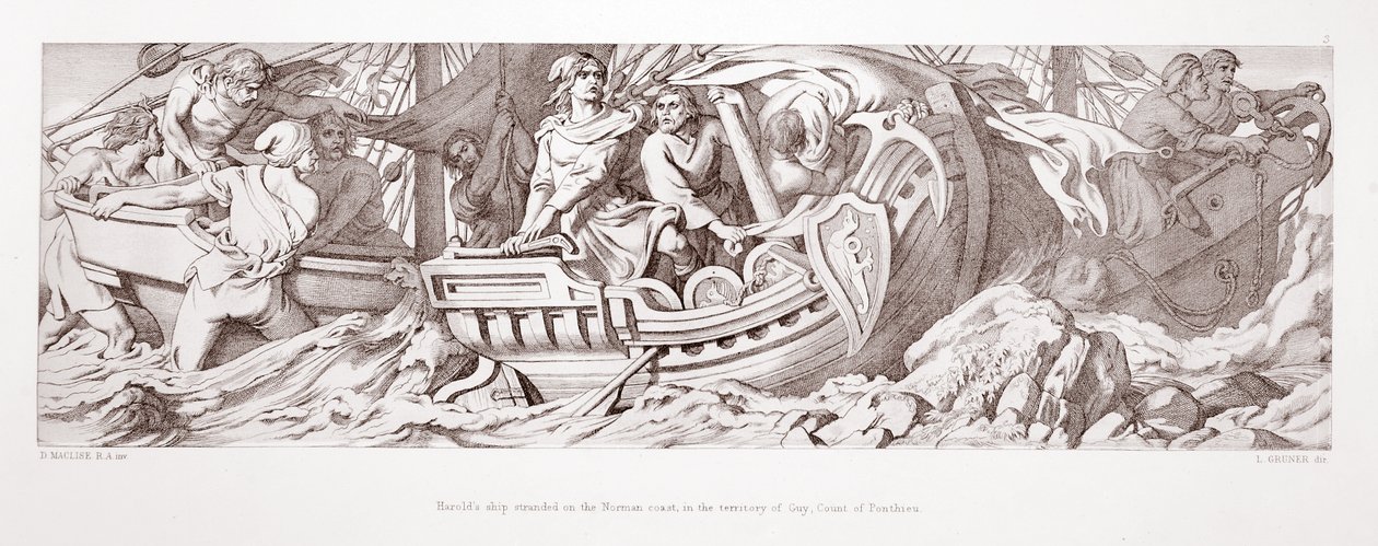 Statek Harolda utknął na wybrzeżu normańskim, na terytorium Guy, hrabiego Ponthieu, z „Historii podboju normańskiego”, rytowanego przez L. Grunera, 1866 88: Harold II (ok. 1022–66), koronowany i autorstwa Daniel Maclise
