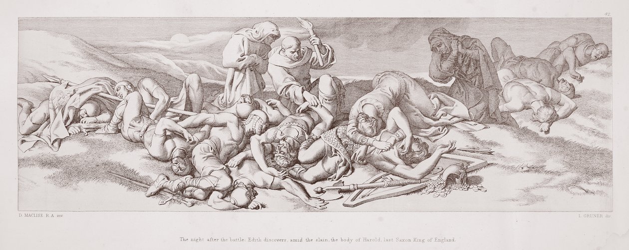 Noc po bitwie Edith odkrywa pośród zabitych ciało Harolda, ostatniego saksońskiego króla Anglii, z „Historii podboju normańskiego”, wyrytej przez L. Grunera, 1866 autorstwa Daniel Maclise