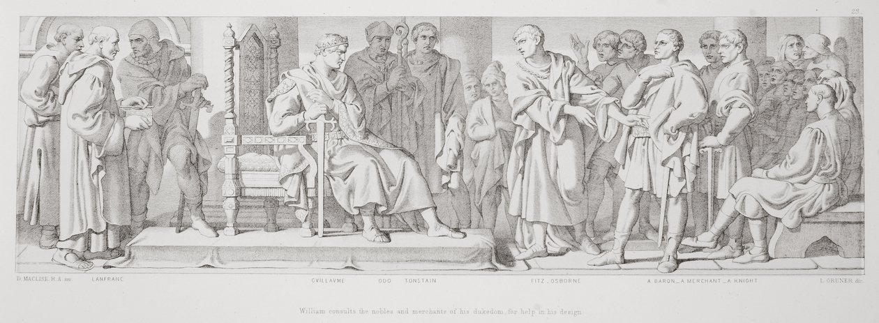 William konsultuje się ze szlachtą i kupcami swojego księstwa w celu uzyskania pomocy w jego projekcie, z „Historii podboju normańskiego”, rytowanej przez L. Grunera, 1866 autorstwa Daniel Maclise