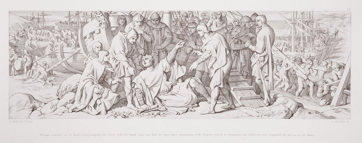 William potyka się, lądując, ale chwytając ziemię ręką, woła, że przejmuje w posiadanie ziemię angielską, i w ten sposób uspokaja swoich zwolenników, którzy uznali jego upadek za zły omen, od autorstwa Daniel Maclise