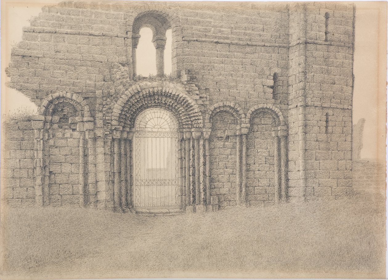Opactwo Lindisfarne, front zachodni, ok. 1916 (węgiel drzewny na karcie) autorstwa Daniel Oliver
