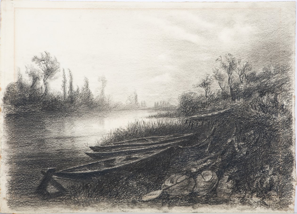 Scena rzeczna z łodziami, ok. 1916 (węgiel na papierze) autorstwa Daniel Oliver