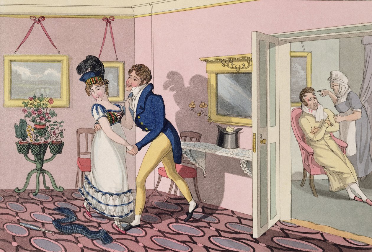 Intryga, tablica 10 z „Niezbędnych kwalifikacji mężczyzny mody”, wydana w 1823 r. (akwatinta ręcznie kolorowana) autorstwa Daniel Thomas Egerton