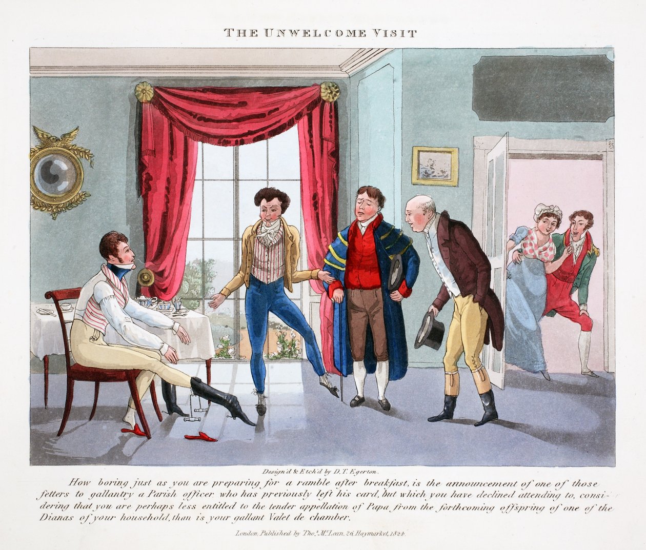 Niepożądana wizyta, ilustracja z „Fashionable Bores or Coolers in High Life” Petera Quiza, wyd. Thomas McLean, Londyn 1824 (ręcznie barwiony grawerunek) autorstwa Daniel Thomas Egerton