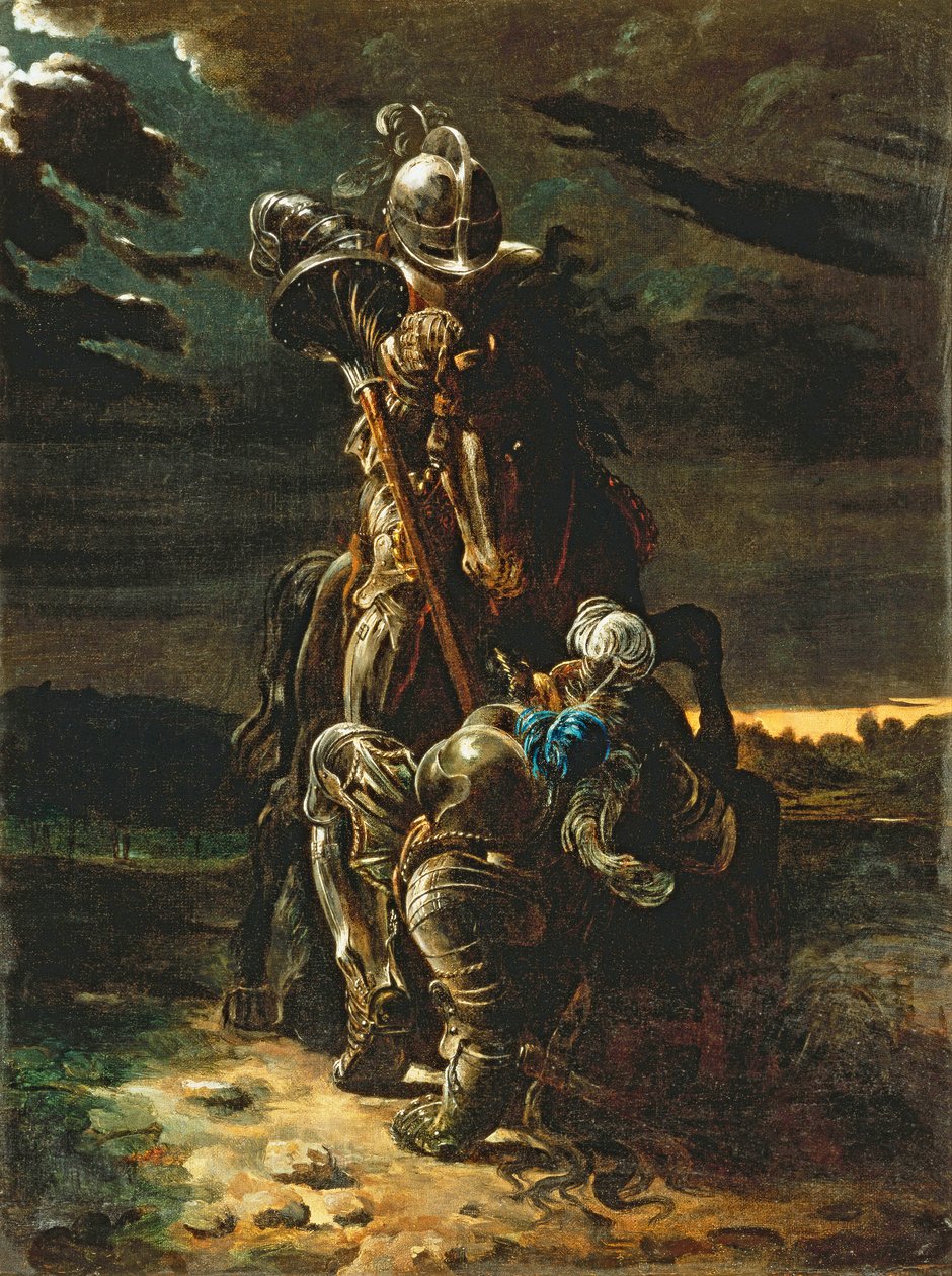 A w pierwszej karierze, którą pobiegli, elfi rycerz padł na konia i człowieka (olej na płótnie) autorstwa Daniel Maclise