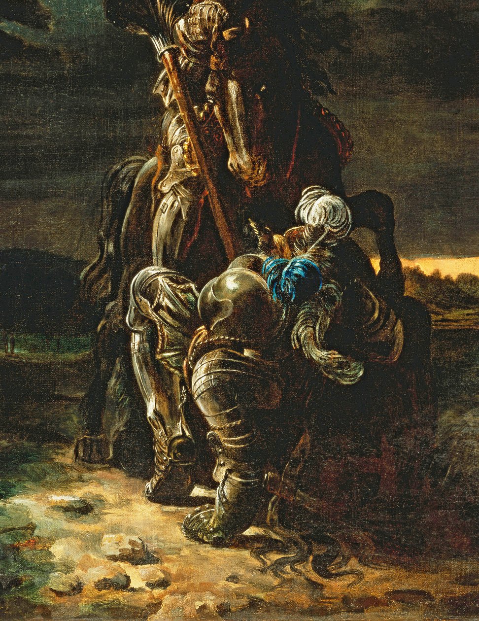 A w pierwszej karierze, którą pobiegli, elfi rycerz padł na konia i człowieka (olej na płótnie) (detal z 378296) autorstwa Daniel Maclise