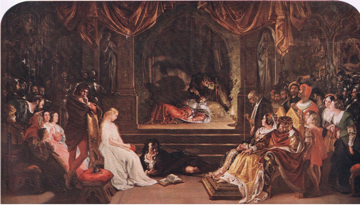Hamlet i gracze (Hamlet) „On zatruwa go w ogrodzie dla państwa”, z The Complete Works of William Shakespeare pub.przez J Coker & Co Ltd (kolor litho) autorstwa Daniel Maclise