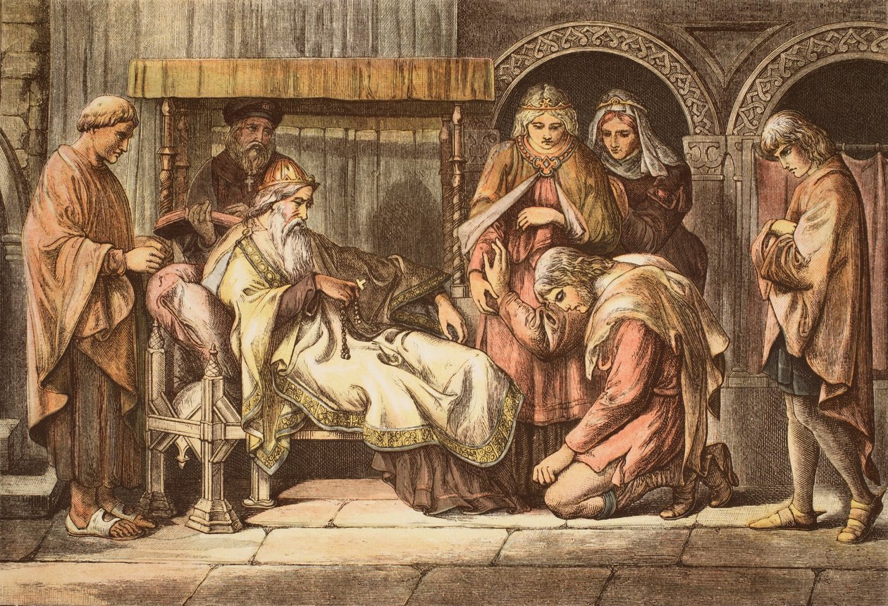 Harold, wracając z Normandii, przedstawia się Edwardowi Wyznawcy, grawerowane przez JD Coopera (kolorowa grawerunek) autorstwa Daniel Maclise