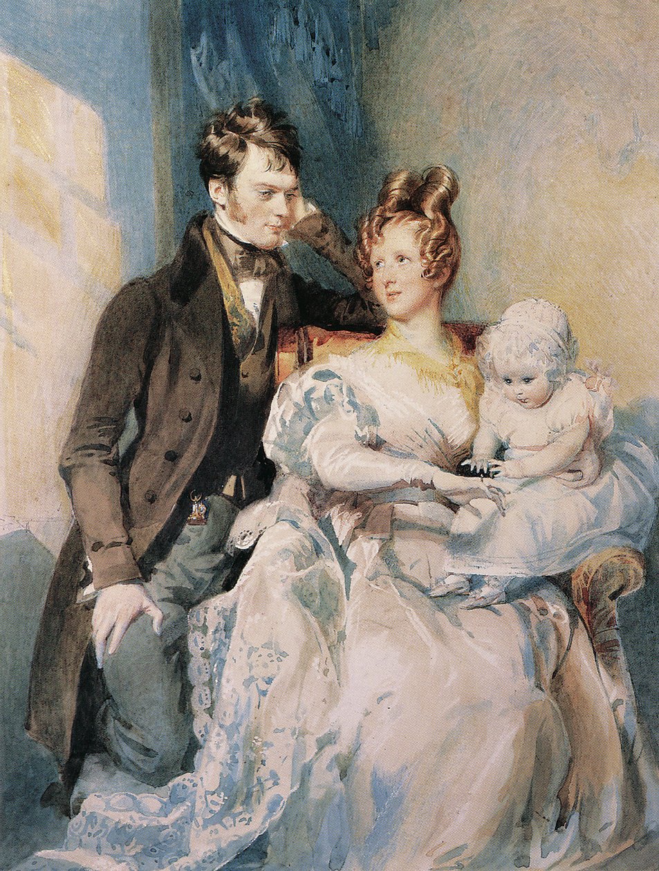 Portret pana i pani MacGregor z dzieckiem (ołówek i akwarela z białym podwyższeniem na papierze) autorstwa Daniel Maclise