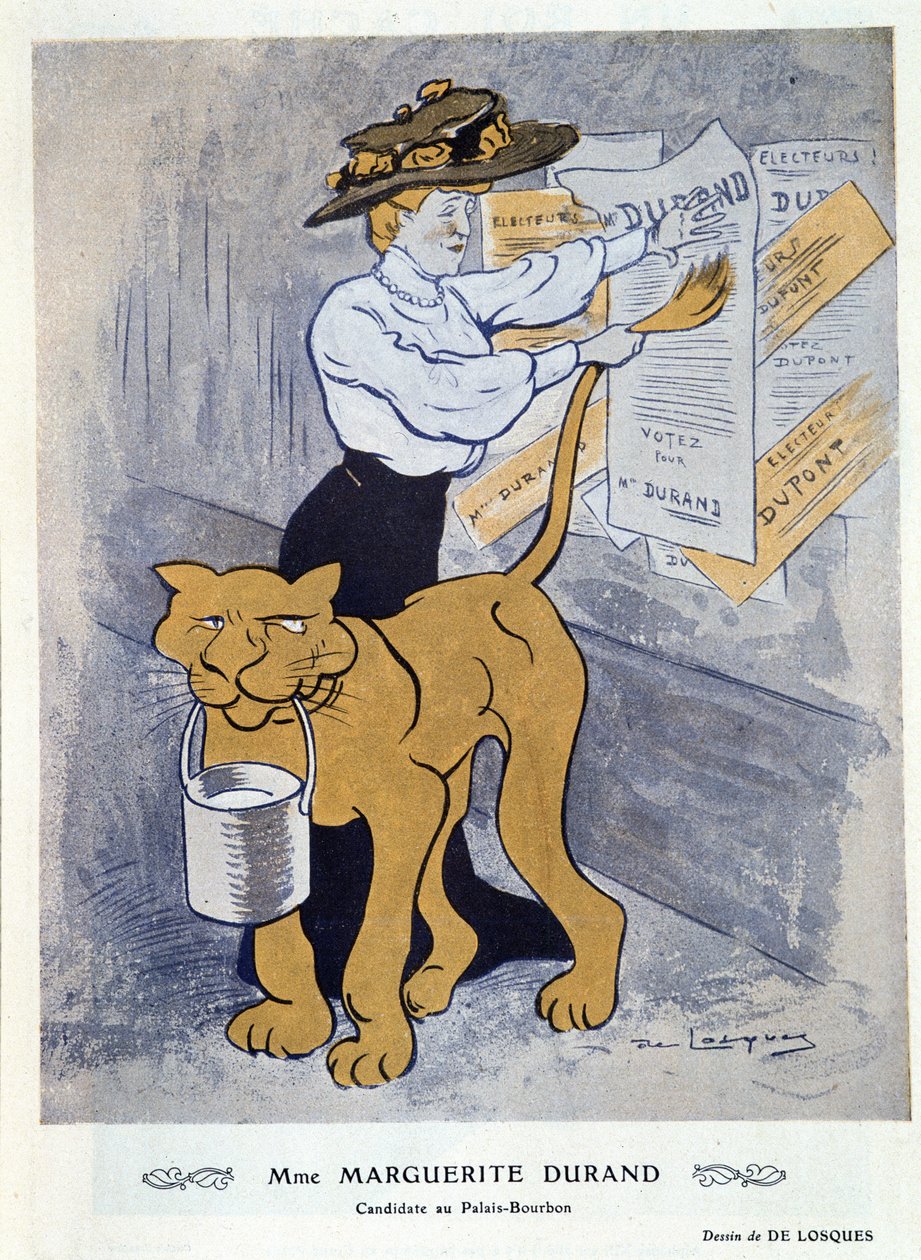 Marguerite Durand przyklejająca swój plakat wyborczy, ilustracja z "Fantazji autorstwa Daniel de Losques