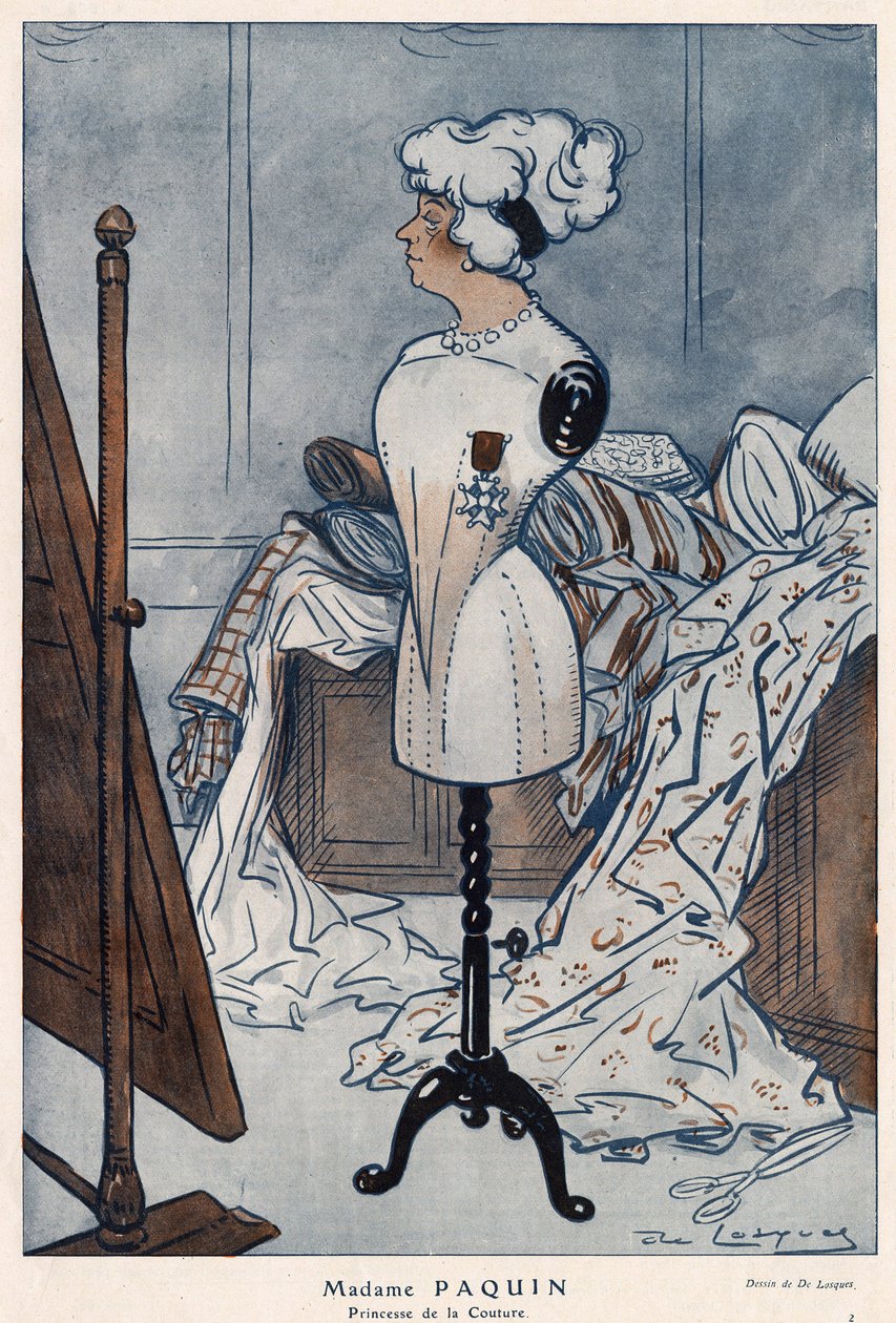 Madame Jeanne Paquin (1869-1936), francuska couturiere, reprezentowana przez zdobyty właśnie krzyż Legii Honorowej - ilustracja Daniela De Losques (Henri Casimir Paul Thouroude dit) (1880-1915) w „Fantasio” z 1913 r autorstwa Daniel de Losques