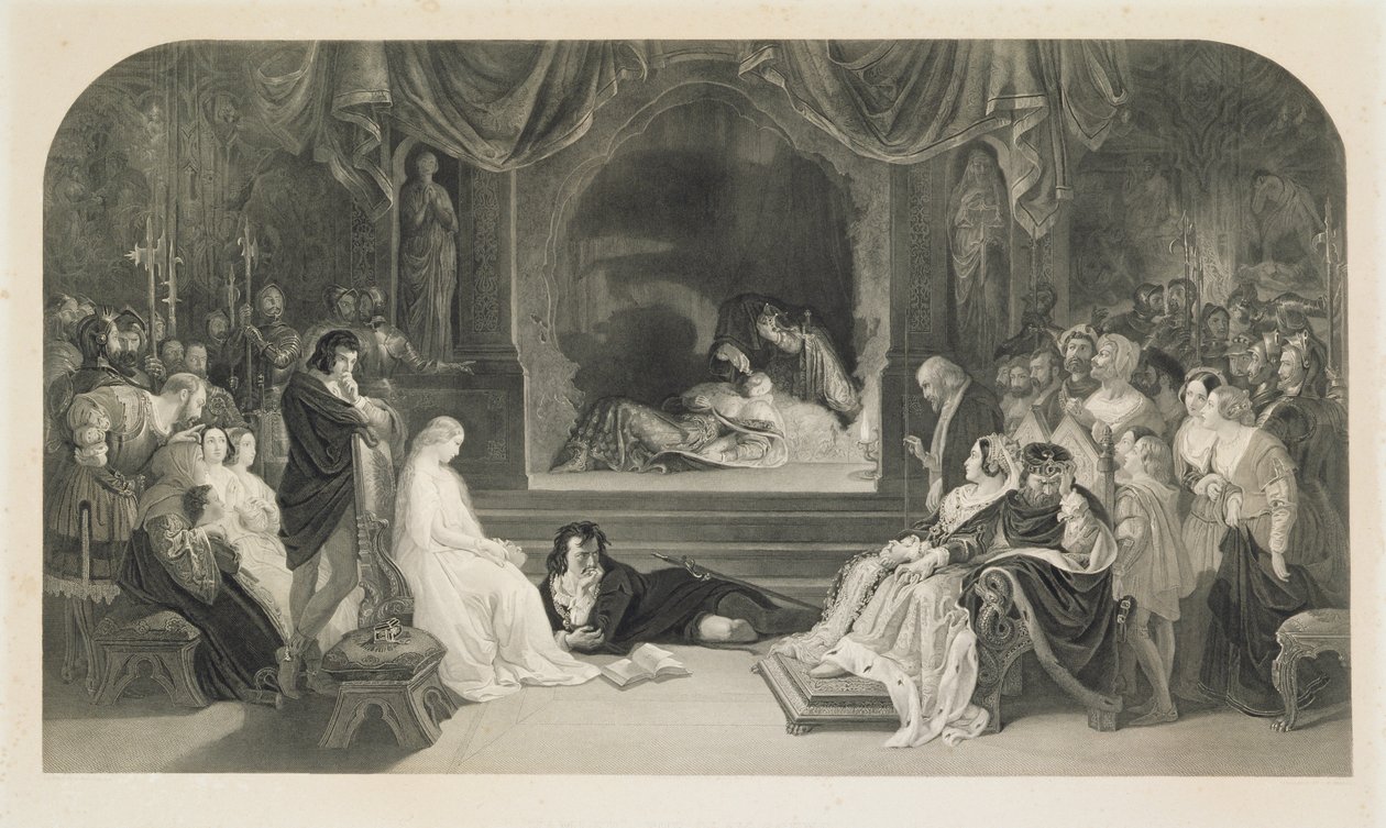 A Cena da Peça, Ato III, Cena II de Hamlet de William Shakespeare, gravada por Charles W. Sharpe (litho)polonês autorstwa Daniel (after) Maclise